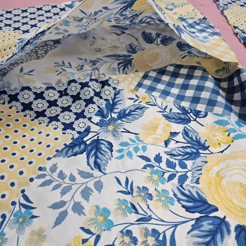 VTG Gold Coast Blue Yellow Floral Gingham Polyester Pillow Cover Set 2 Farmhouse